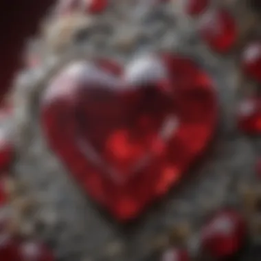 A close-up view of a heart-shaped ruby stone with intricate facets and sparkling brilliance