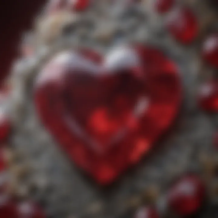 A close-up view of a heart-shaped ruby stone with intricate facets and sparkling brilliance