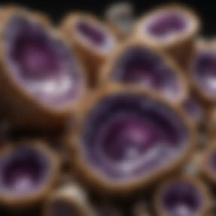 An artistic display of Uruguay amethyst geodes highlighting their natural beauty and formation.