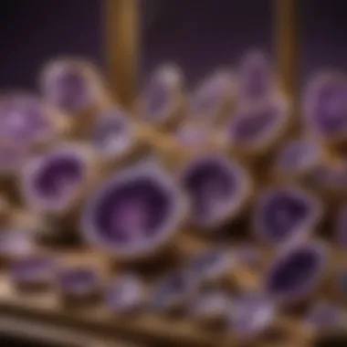 Elegant Display of Amethyst Geodes A beautifully arranged collection of amethyst geodes in a well-lit display case.