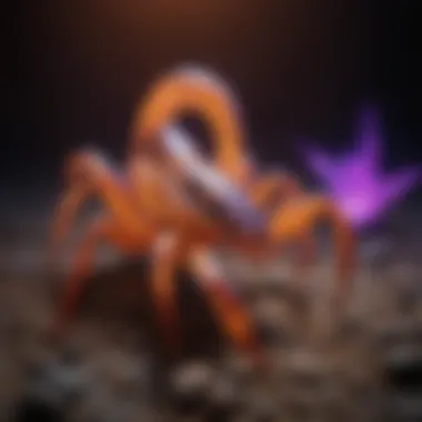 Intense Fluorescence: Scorpion Detail Under UV Light Close-up of a scorpion glowing under UV light