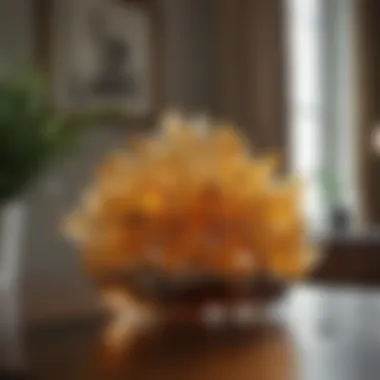Citrine Clusters in Modern Decor An elegant display of citrine crystal clusters in a modern interior, showcasing their aesthetic appeal