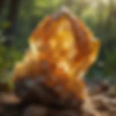 Citrine Crystal in Nature A natural citrine crystal cluster in a serene outdoor setting, highlighting its earthy origins