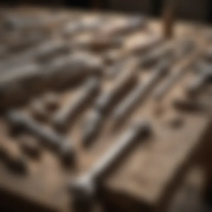 An assortment of stone chisels on a workbench, displaying various shapes and sizes.