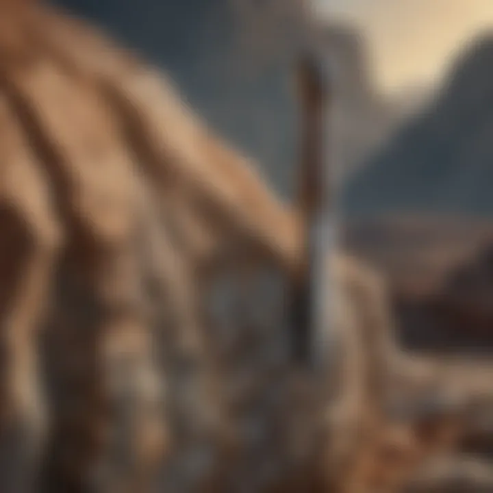 A geological field setting with a stone chisel resting on a rock, illustrating its utility in exploration.