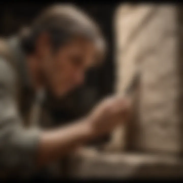 A sculptor using a pointed chisel to carve intricate details into a stone block.