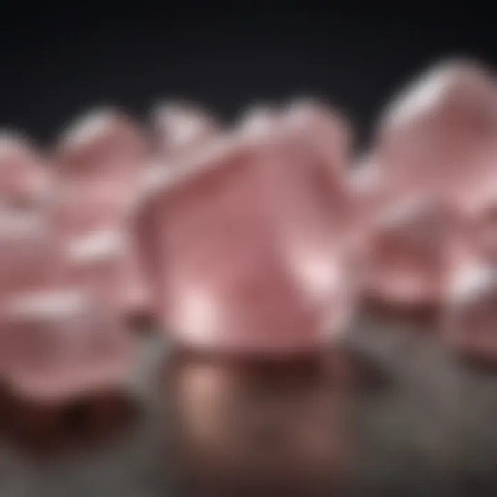 An elegantly arranged collection of polished rose quartz stones set against a natural backdrop