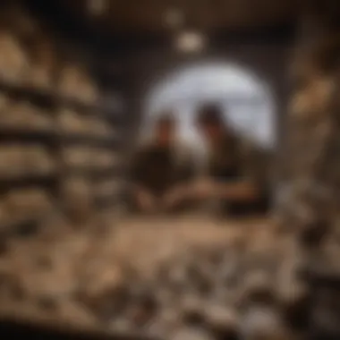 A diverse group of collectors examining fossils in a shop