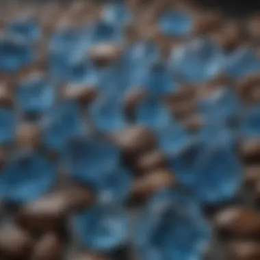 Diverse Collection of Blue Crystals with Unique Lines A collection of various blue crystals showcasing brown lines