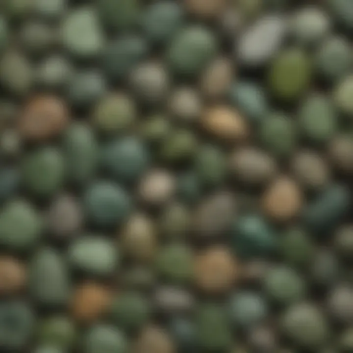 Various types of green stones displayed on a natural wooden surface