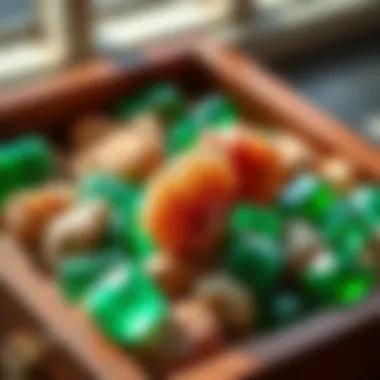 Emerald Collection for Enthusiasts A collection of raw emeralds displayed in a fine wooden box for collectors.
