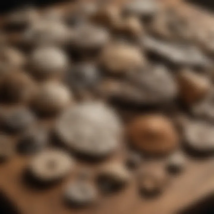 Detailed view of assorted fossils displayed on a wooden table.