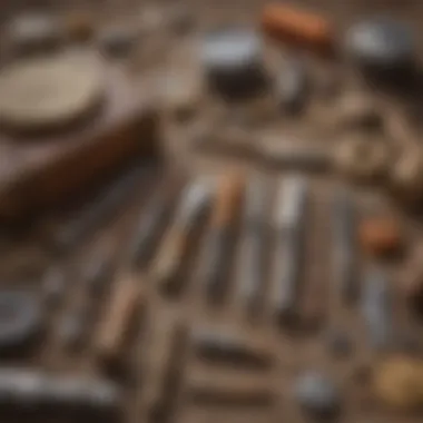 A vibrant array of geological tools laid out for fossil exploration.