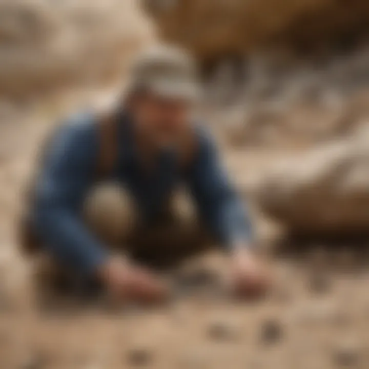 A collector examining fossils, immersed in the joy of discovery.