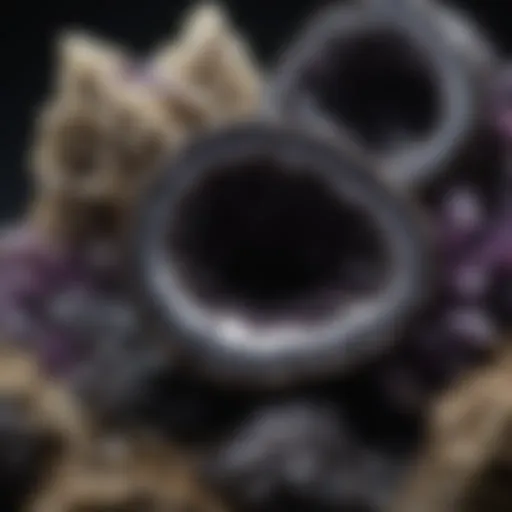 Detailed close-up of a black amethyst geode showcasing its unique crystal formations.