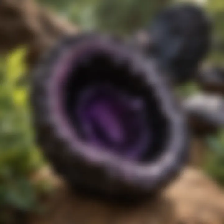 A stunning black amethyst geode displayed in a natural setting, highlighting its beauty and texture.