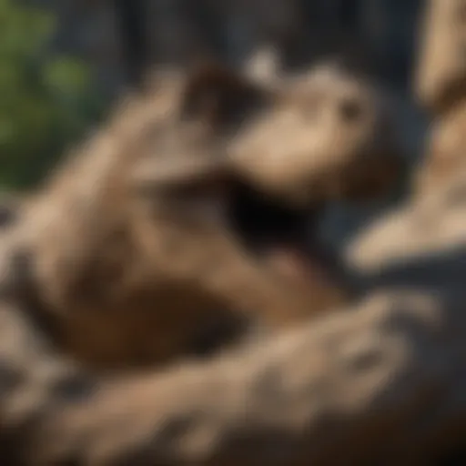 A detailed view of a dinosaur fossil embedded in rock.