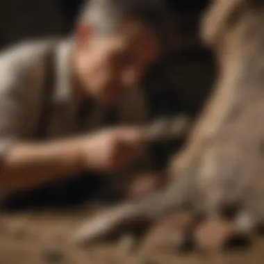 Paleontologist Examining Dinosaur Bone A paleontologist examining a dinosaur bone for authenticity.