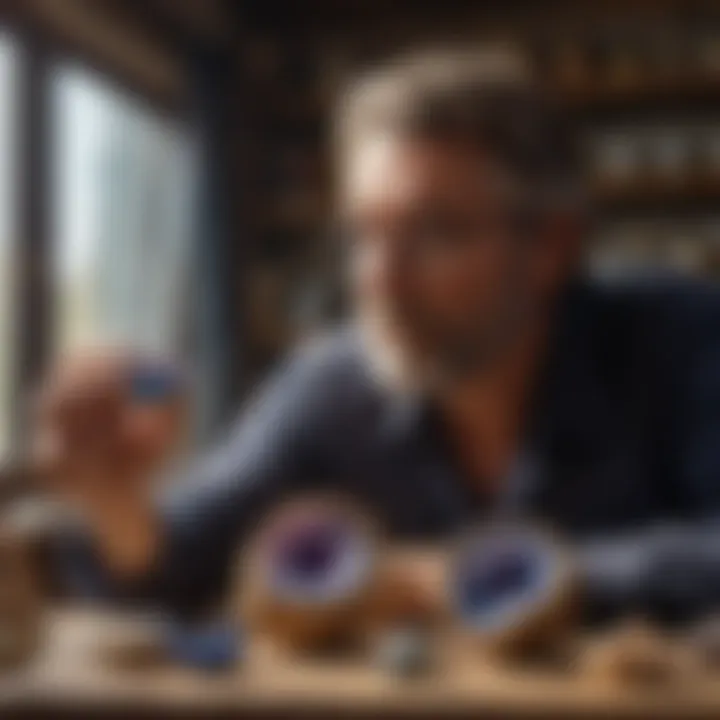 A collector examining a rare geode specimen under natural light.