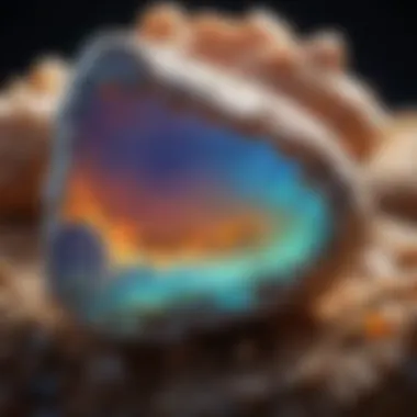 A detailed view of a raw opal stone highlighting its unique play of color.