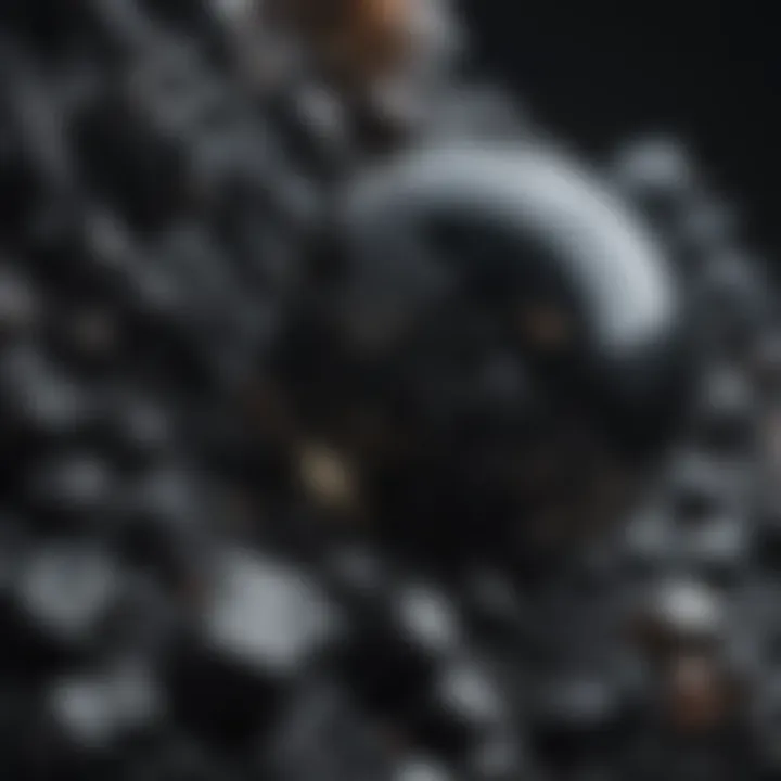 A close-up view of a polished black mineral, revealing its luster and crystalline structure