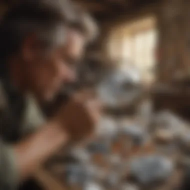 A collector examining minerals with a magnifying glass, emphasizing attention to detail