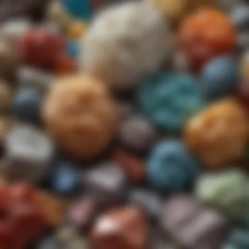 A close-up view of various mineral specimens showcasing their unique textures and colors