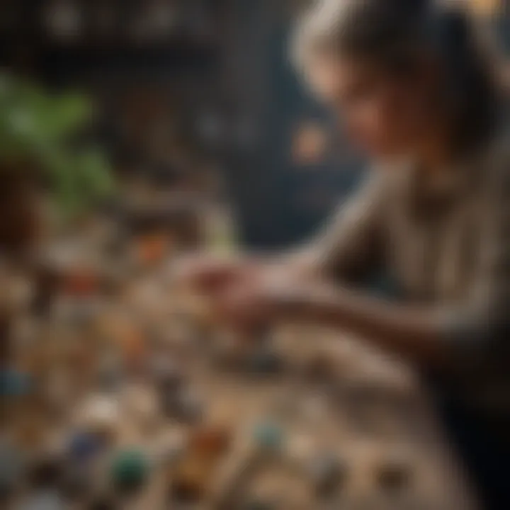 A close-up of an earth jeweler selecting raw materials, emphasizing the care in their curation.