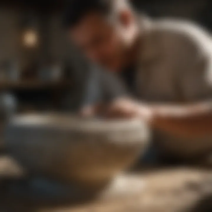 Artisan carefully carving patterns into a large stone bowl
