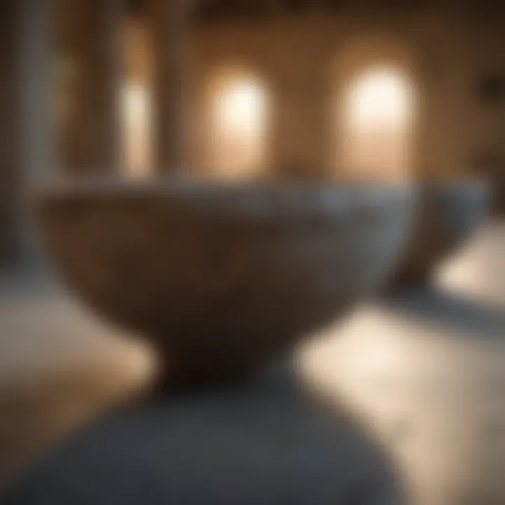 Modern exhibition showcasing large stone bowls in a gallery