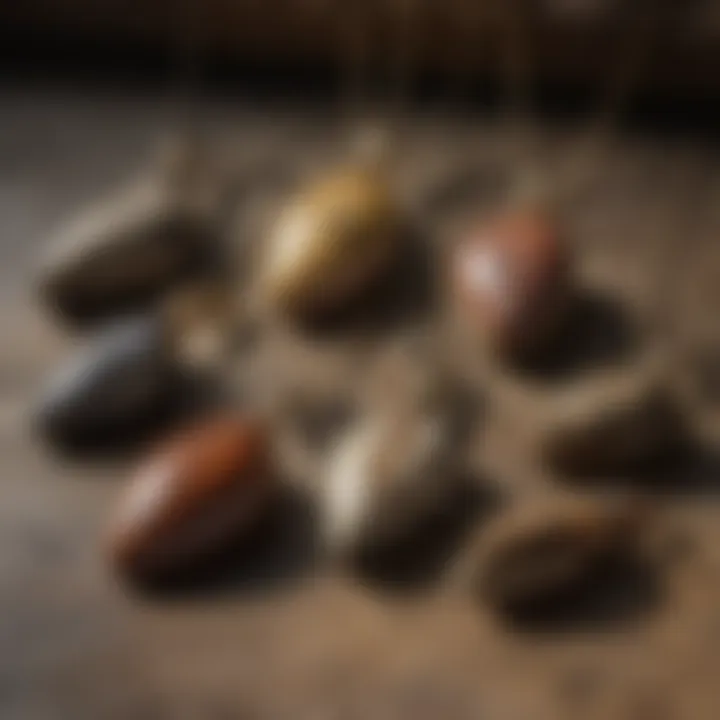 A collection of dinosaur bone pendants displayed against a natural backdrop.