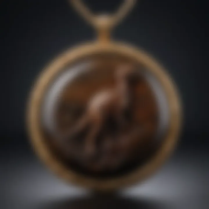 An elegant dinosaur bone pendant worn as a statement piece in jewelry.