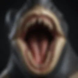A close-up view of a megalodon tooth showcasing its serrated edges