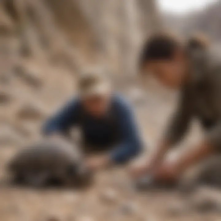 Geologists examining fossil specimens at the quarry