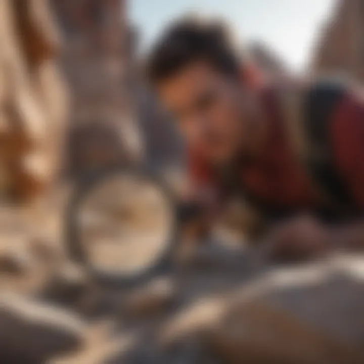 A person using a magnifying glass to examine rock formations outdoors