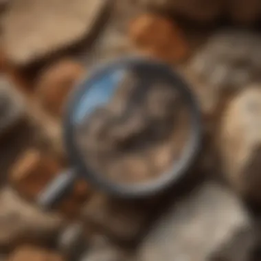 A detailed view of rock textures illuminated by a magnifying glass