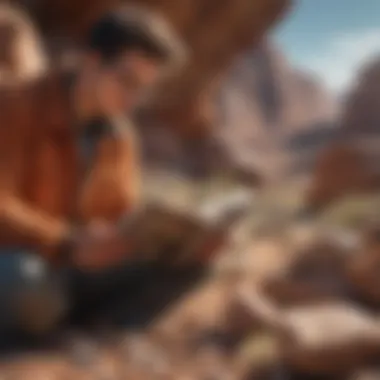 A person reading a rock and mineral magazine, engaged in learning about geology