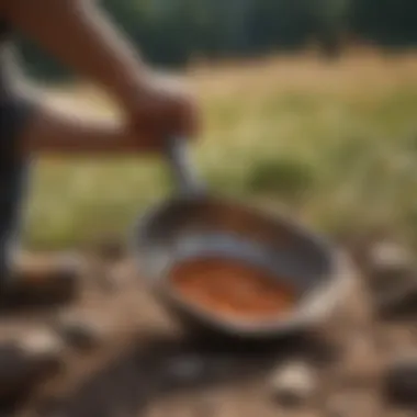 A person using a rock hunting scoop in a field