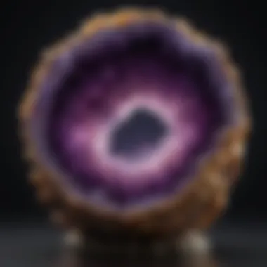 A beautifully illuminated amethyst geode highlighting its internal structure