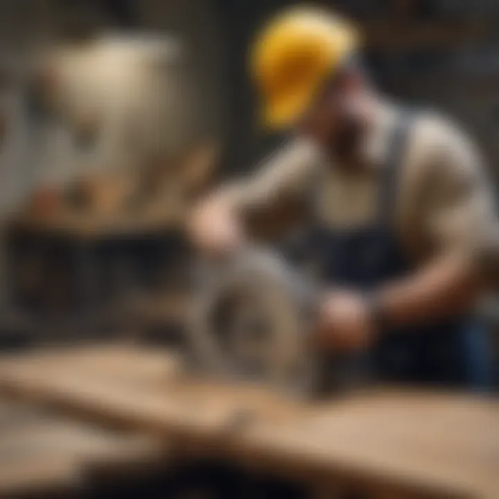 Technician demonstrating safety measures while using a trim saw