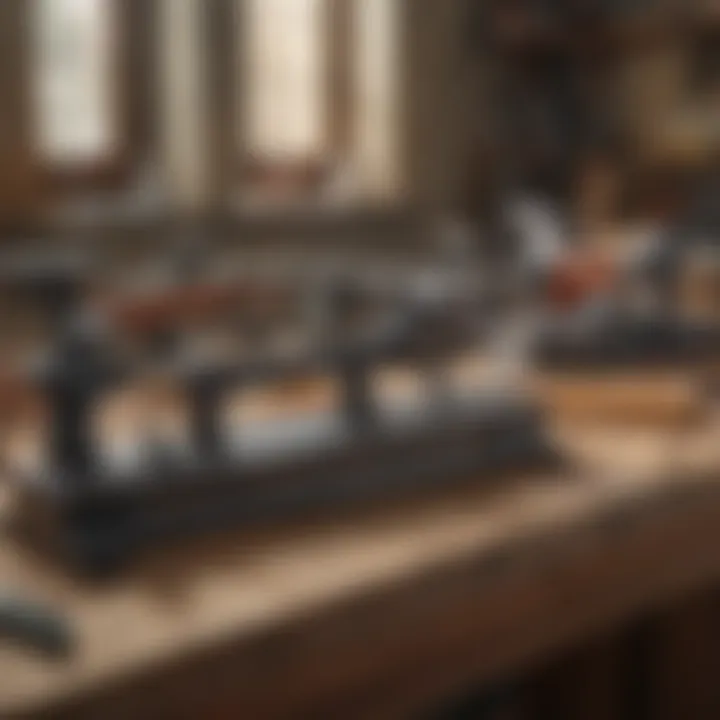 Different types of trim saws displayed on a workbench