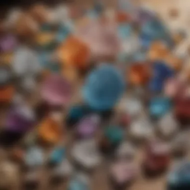 Natural crystal specimens arranged artistically on a wooden surface.