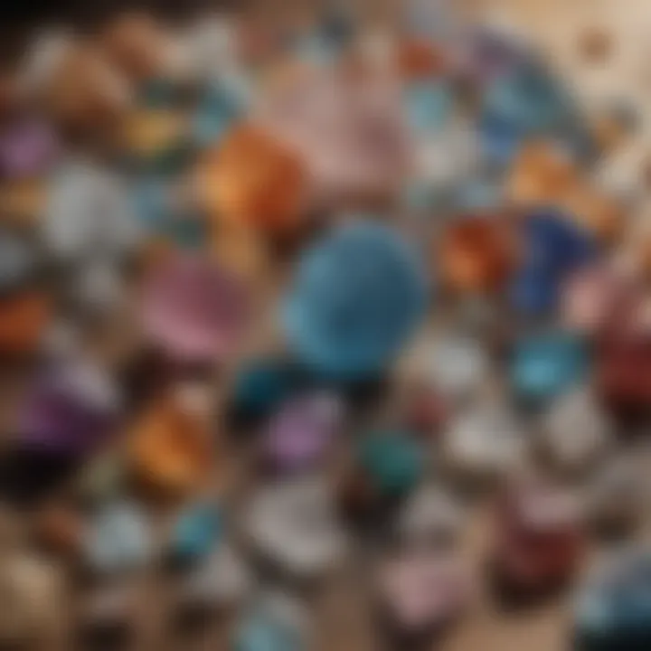 Natural crystal specimens arranged artistically on a wooden surface.
