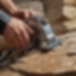 Close-up view of a lapidary trim saw cutting through a rock slab