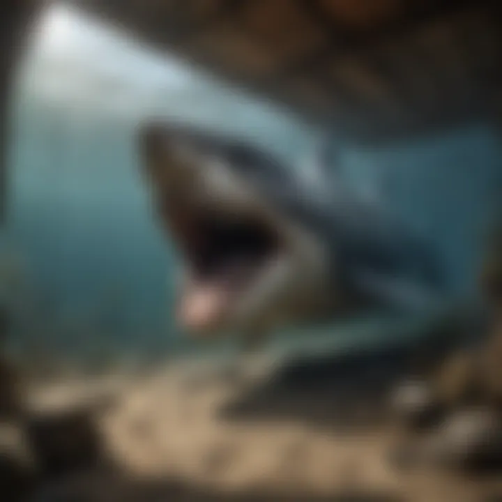 Historical illustration of the megalodon in its natural habitat