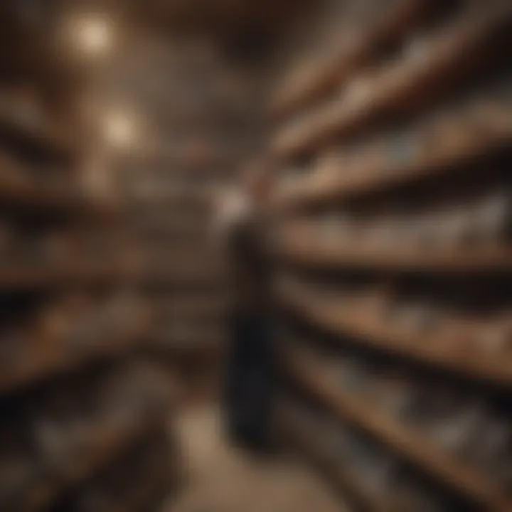 Illustration of a person browsing through shelves of rocks in a gem shop