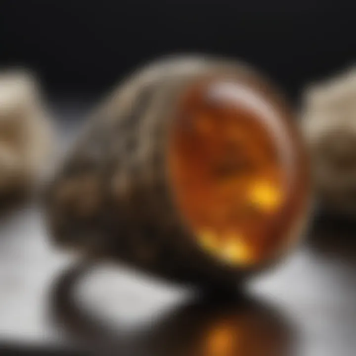 Close-up of intricate amber ring design showcasing fine craftsmanship