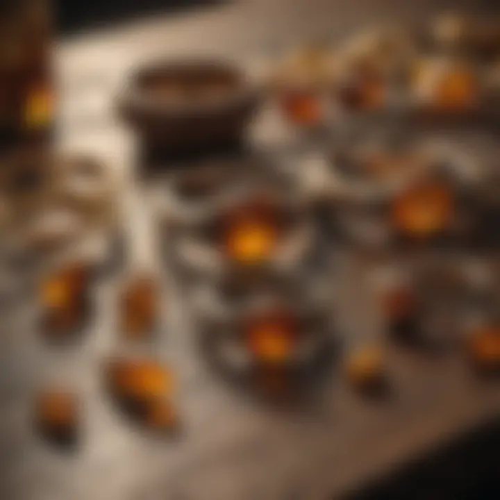 Variety of amber jewelry pieces displayed on a rustic wooden table