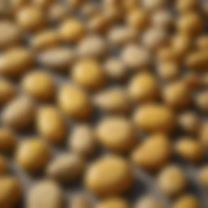 A collection of various yellow stones displayed on a natural stone surface