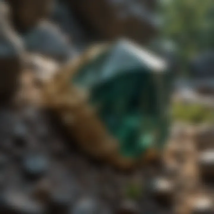 Dark green crystal with gold flecks emerging from a bedrock formation